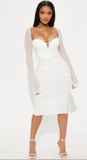 Fashion Nova Women Dress XS White Sheer Pearl Long Sleeve Rush Lined Midi