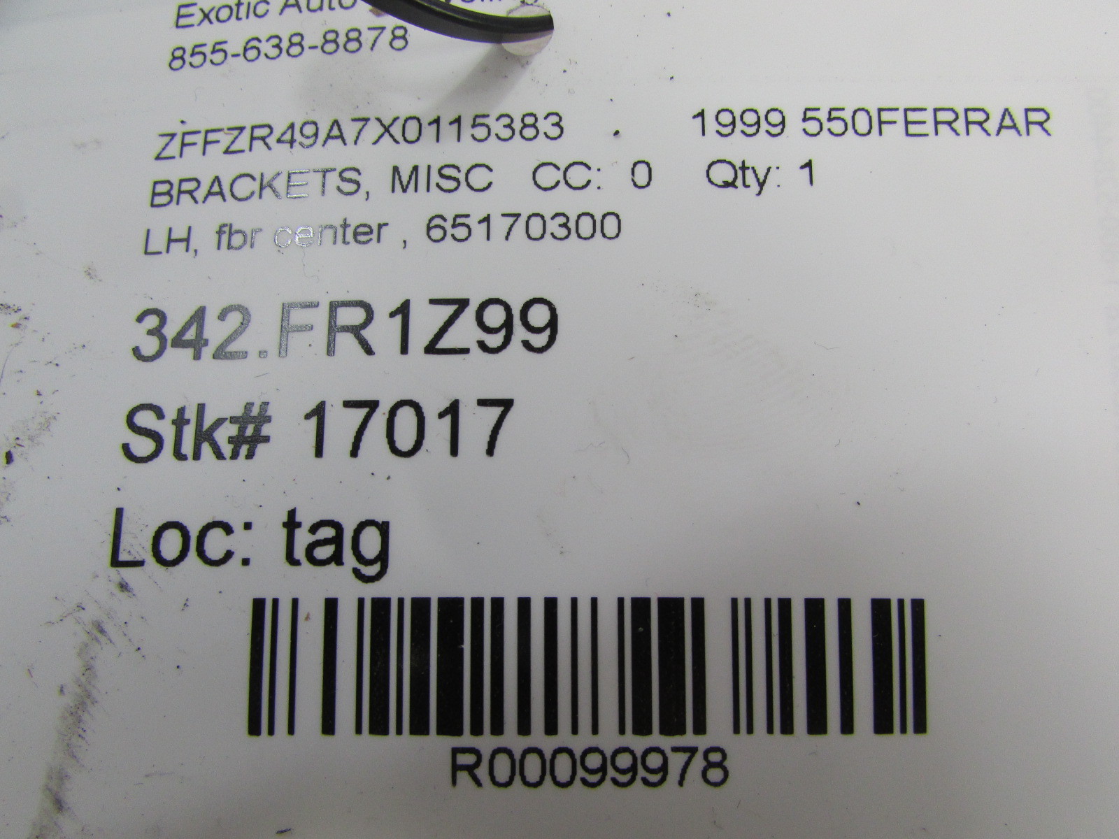 Ferrari 550, LH, Left Front Bumper Center Bracket, Used, P/N 65170300