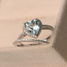 1.39 Ct Heart Natural Aquamarine & Diamond Wedding Band Set 14K Solid White Gold