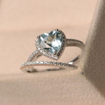 1.39 Ct Heart Natural Aquamarine & Diamond Wedding Band Set 14K Solid White Gold