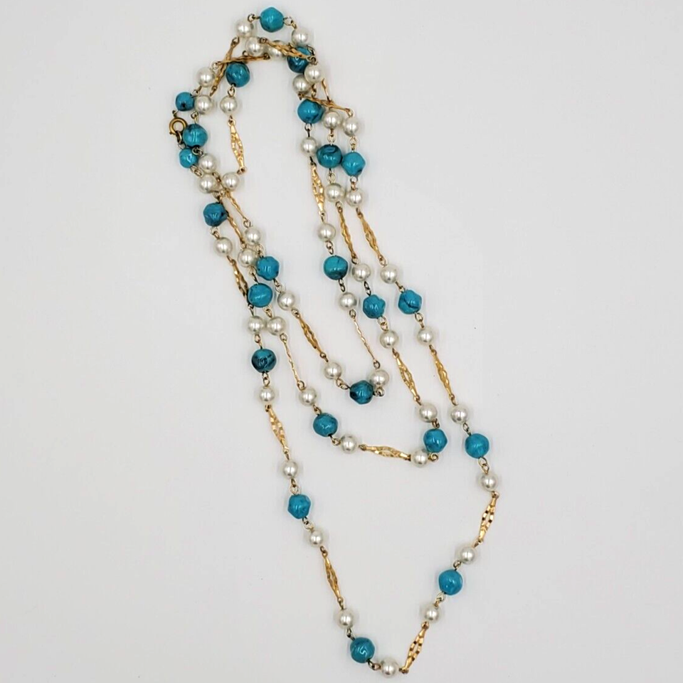 Statement Long 53" Necklace Faux Turquoise Stone Strand Beaded Gold Tone eBay