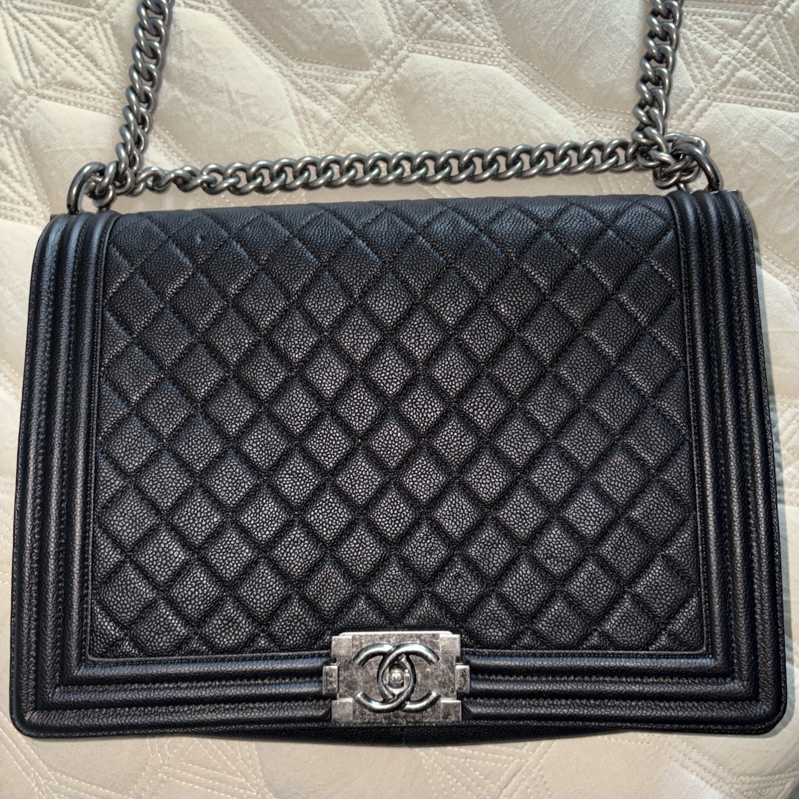 Chanel Boy Bag (L) Grained Lamb Skin Black with Dust Bag 100% genuine