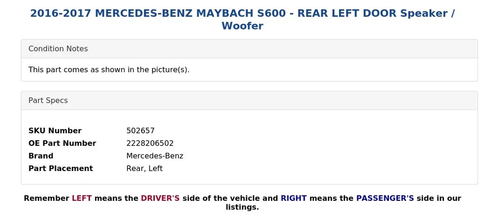 2016-2017 MERCEDES-BENZ MAYBACH S600 - PORTA TRASEIRA ESQUERDA Alto-falante / Woofer - Imagem 3 de 4