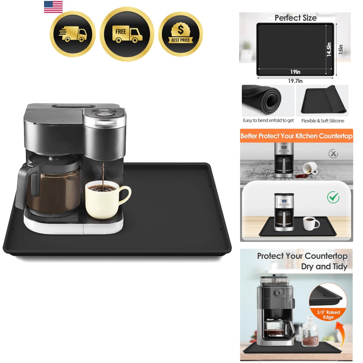 Mat With Lip, 19.7'' X 15'' Heavy Duty Coffee Maker Mat...