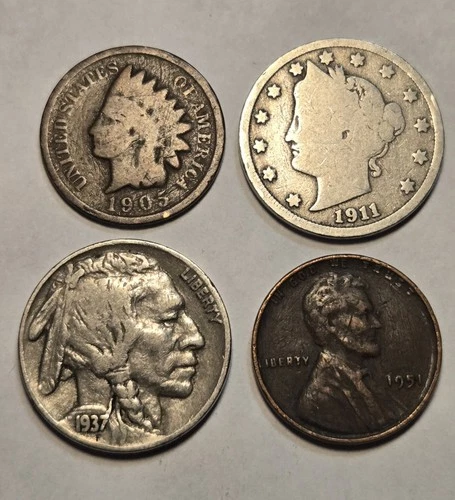 US Coin Lot (4) Indian Head & Lincoln Wheat Cent Buffalo & Liberty V Nickel