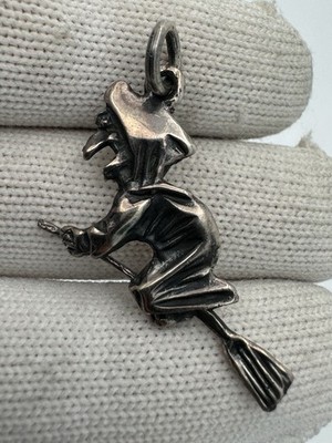 Handcrafted 925 Solid Sterling Silver Wicked Witch Flying on Broom Pendant