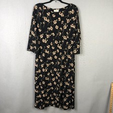 Talbots Dress Womens 16 Black Floral 3/4 Sleeve Midi Side Zip Stretch A-Line