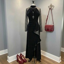 Black Velvet Gown 12P Formal Mesh Evening Goth Victorian Holiday Party Formal