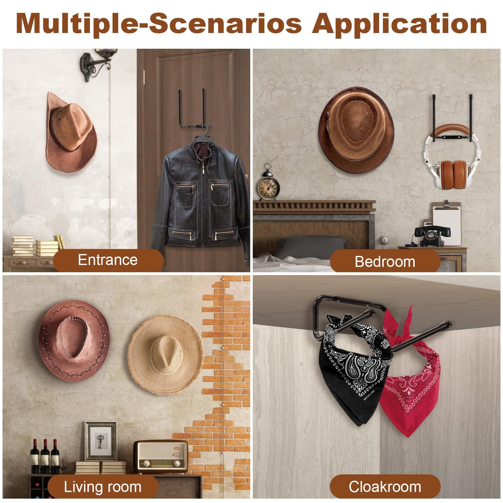 Cowboy Hat Rack 4Pcs Holder Hanger Hook for Display Western Wide Brim Straw