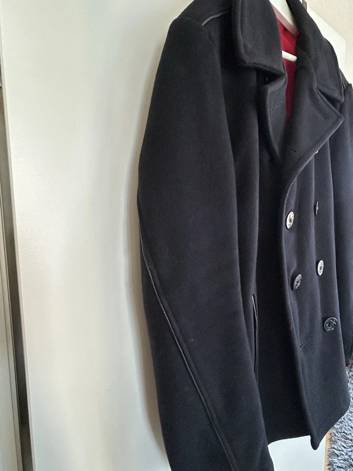 Abrigo de lana con ribete de cuero Schott NYC estilo 740C - azul marino - talla 44 Foto 4 de 4