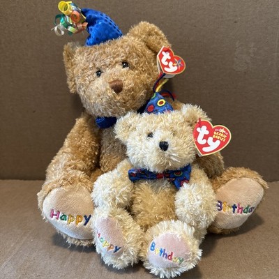 Ty Happy Birthday Bear Beanie Buddy/Beanie Baby Lot Brown Bear w/Blue Party  Hat