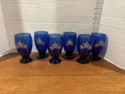 Cristar ? Cobalt Blue & Silver Star Pedestal Water Wine Goblets Glasses Set Of 6