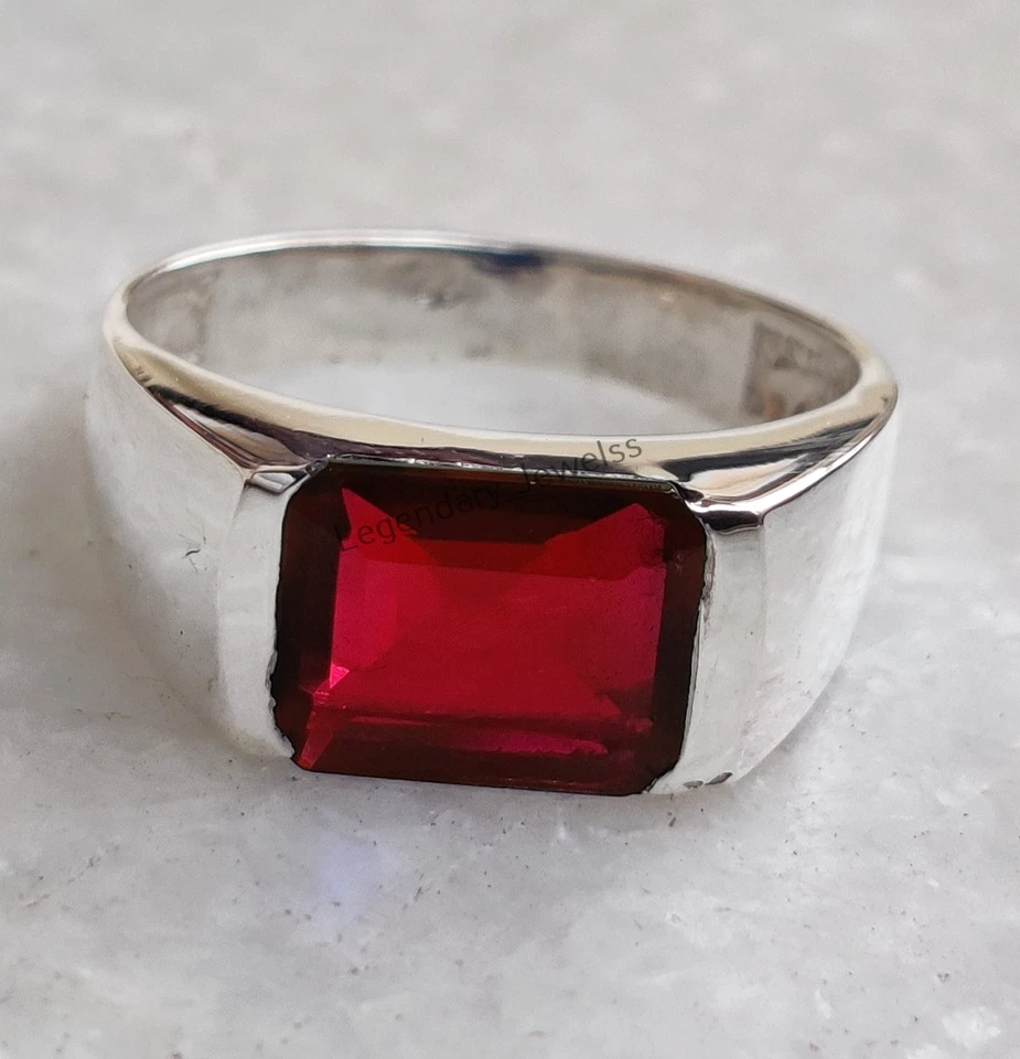Piedras preciosas de granate rojo natural con anillo de plata de ley 925 para anillo elegante para hombre Foto 3 de 4