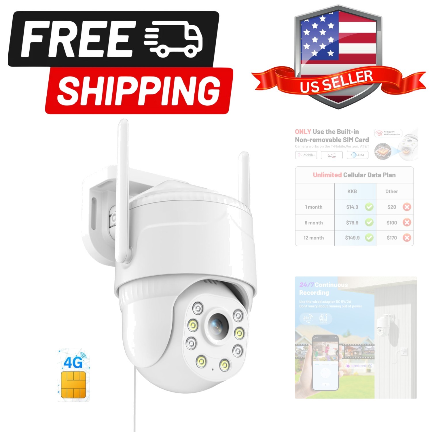 4G LTE Cellular Security Camera, Wired Cellular Cam Built-in
