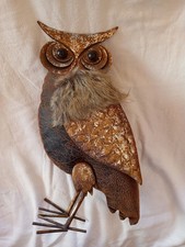 Deko Eule Leder- Blech Figur, Selten Rar Vintage