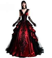 Vintage Red / Black Gothic Wedding Dress V Neck Lace Vampire Celtic Bridal Dress