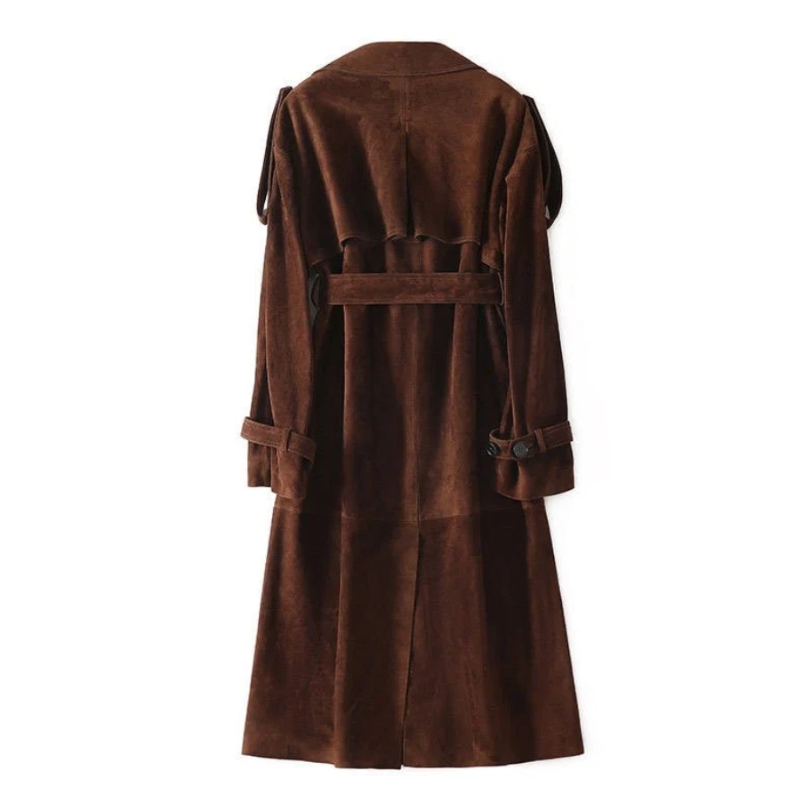 Gabardina larga de gamuza real de cuero marrón para mujer ropa exterior genuina hecha a mano Foto 2 de 4