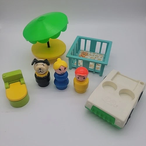 Vintage Fisher Price Little People Dollhouse Furniture Dog Car Umbrella Playpen