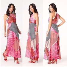 BEBE Women’s Multicolor Sleeveless Halter Maxi Beach Dress Lined Pink Medium NWT