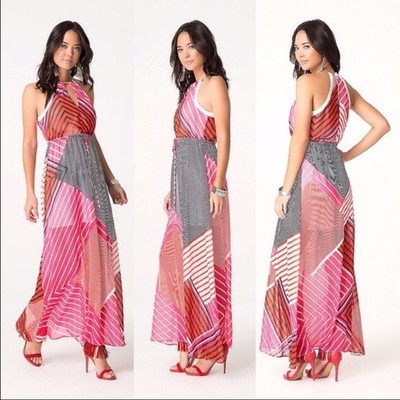 BEBE Women s Multicolor Sleeveless Halter Maxi Beach Dress Lined Pink Medium NWT