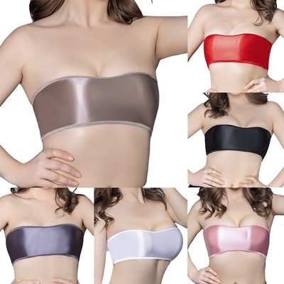 Öliges Glanz Crop Top mit Gummizug Stretch BH für Damen enge Dessous