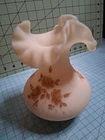 Fenton Glass Vase Hand Painted Cream Brown Satin Finish Roses Ruffled Top Signed