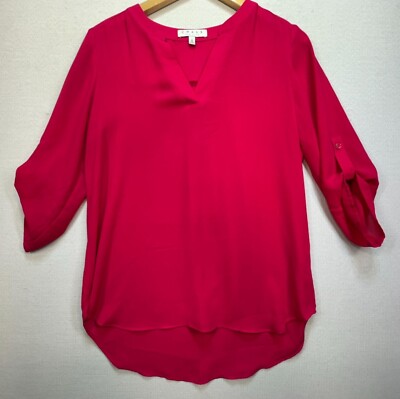 Chaus Womens V Neck Blouse Sz S Pink Roll Tab Sleeve Lightweight Career