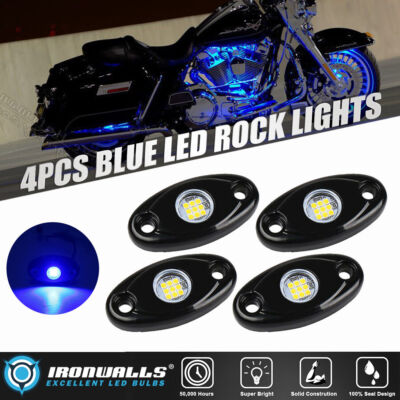 4X Blue LED Rock Lights Underbody Glow Lamp for Harley Yamaha Suzuki Motorcycle