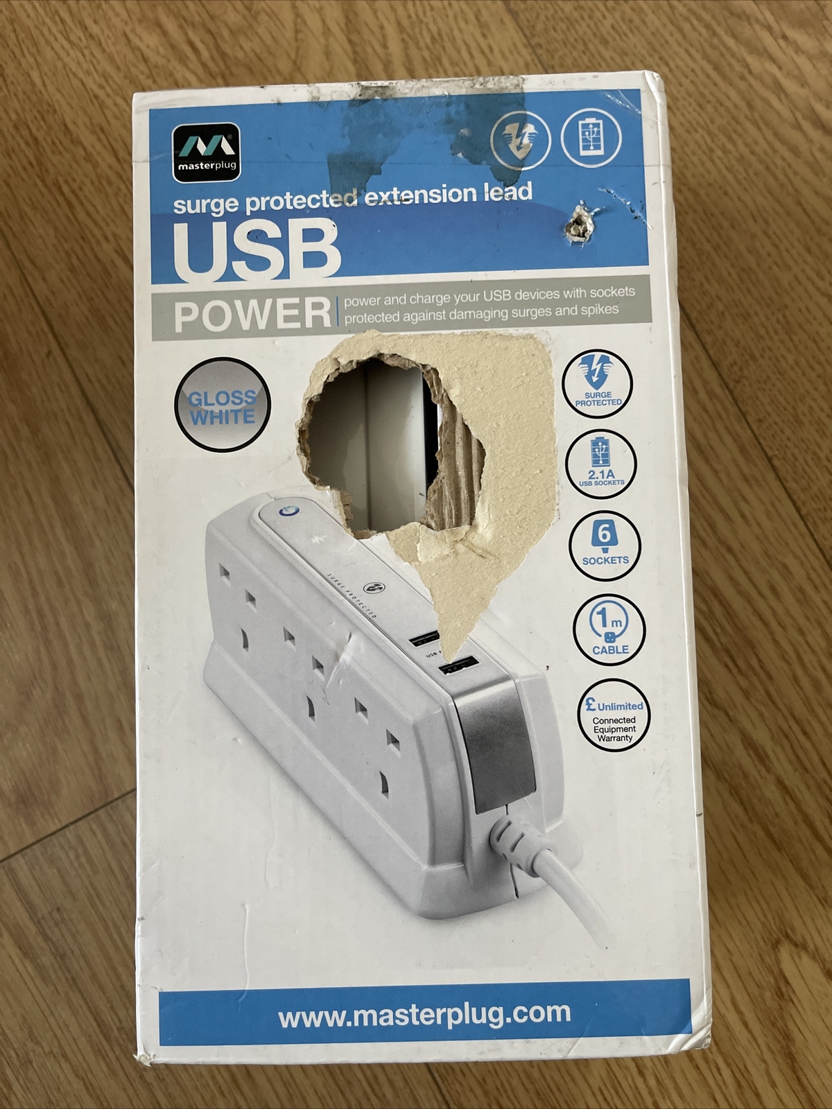Masterplug 1m 6 Gang Compact Surge Extension Lead With 2 X 2.1 USB 