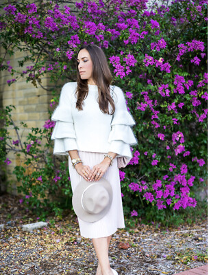 Endless Rose Women's Knit White Sweater 3/4 Layered Puff Sleeves Large NWT
