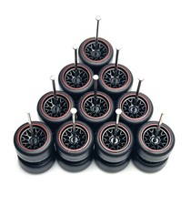 5x Sets Black BBS W/ RED Stripe Real Rider Wheel W/ Rubber Tires For 1/64 Scale