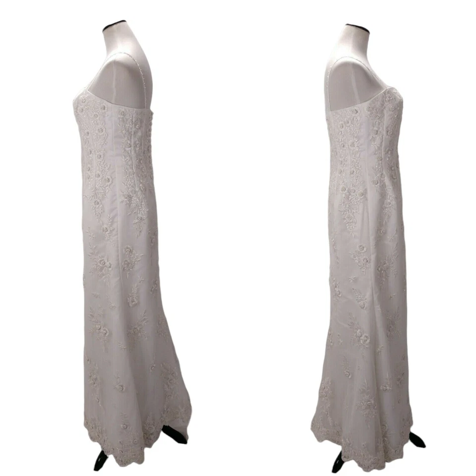 Vestido de novia Mori Lee columna blanco talla 12 con cuentas encaje superpuesto correa de espagueti Foto 3 de 4