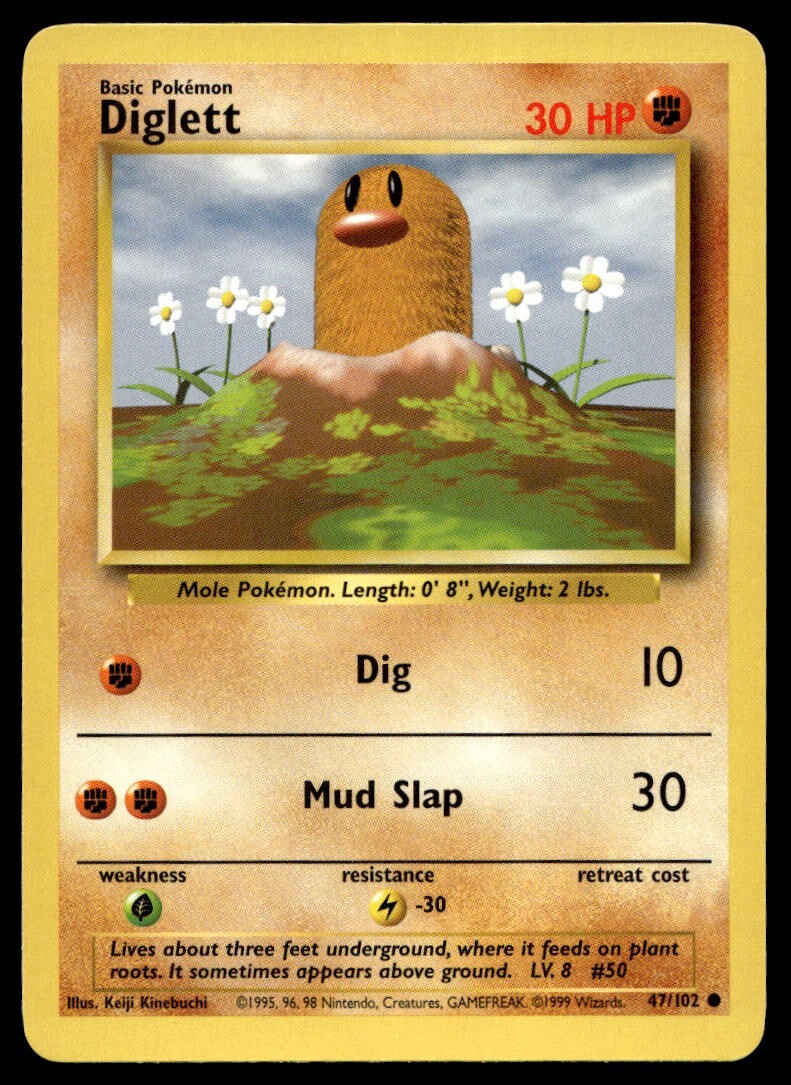 Diglett 47/102 Pokemon Card Base Set Common 30 HP Near Mint E29