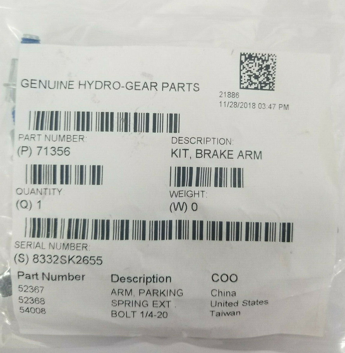 New OEM Hydro Gear 71356 Brake Arm Kit 52367 w/ Spring & Bolts for