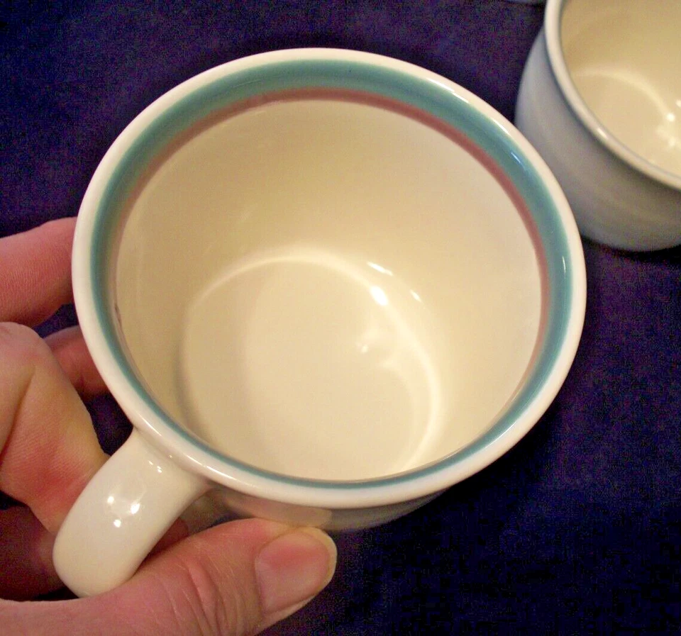 Pfaltzgraff Stoneware Teal & Plum Bands Lot 4 "Flat" Cups USA Made (no saucers) - Image 2 of 4