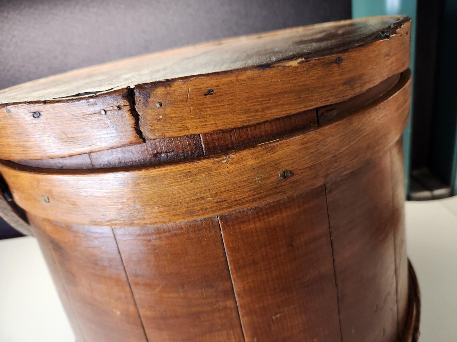 Antique Firkin Primitive Wooden Sugar Bucket with Handle 13.5" Tall