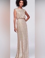 Champagne Gold David’s Bridal Sequin Beaded Long Formal Gown Sz XS Wedding Guest