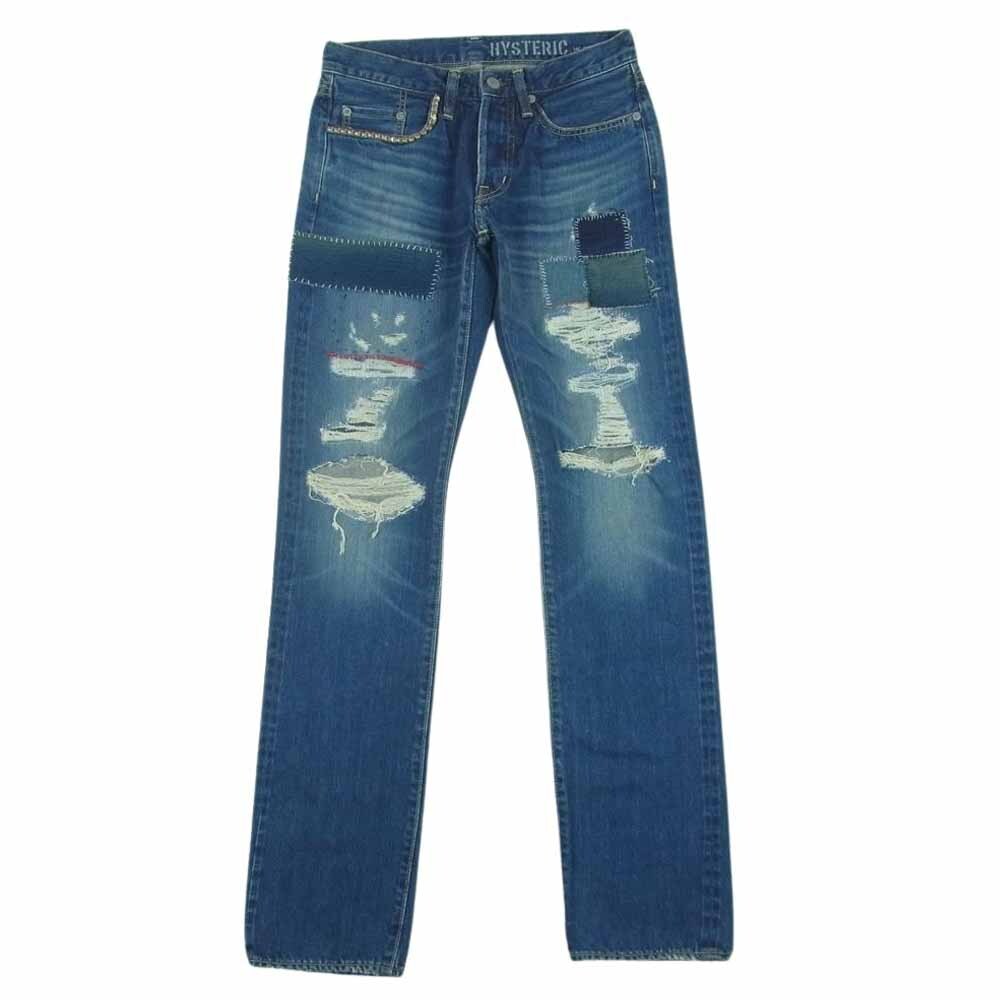 HYSTERIC GLAMOUR 0243AP07 Studded Crush Denim Pants Indigo Blue 