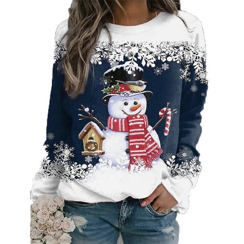 Christmas Women Long Sleeve Snowman Print Pullover Jumper Casual Xmas Party Top - Picture 3 of 10