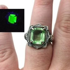 Sterling Uranium Glass Ring Emerald Cut Patina Art Deco 925 Silver