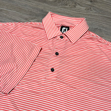 FJ Footjoy Polo Shirt Mens Large Pink Striped Short Sleeve Golf Polyester Blend