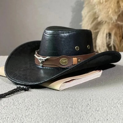 Cowboy Western Hat Vintage Faux Leather Unisex Black Outdoor Sun Style Wear Cap