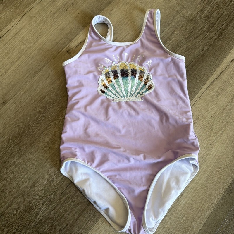 Nautica Girls 1 Piece Swimsuit L 12/14 Purple Sequin Seashell Purple