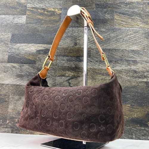 CELINE C Macadam Suede Shoulder Bag Brown Gold MC00/2 Italy 22cm 45cm Strap