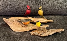 Hand Carved Painted Wooden Bird Folk Art Sculpture on Wood Bases Cardinal Robin