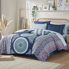 Boho Comforter Set with Sheets  Pillow - Twin XL, Loretta Navy 7 Piece