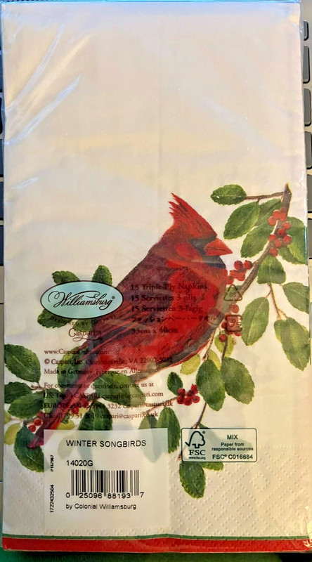 WINTER SONGBIRDS Williamsburg Caspari 15 triple-ply paper guest towels /napkins
