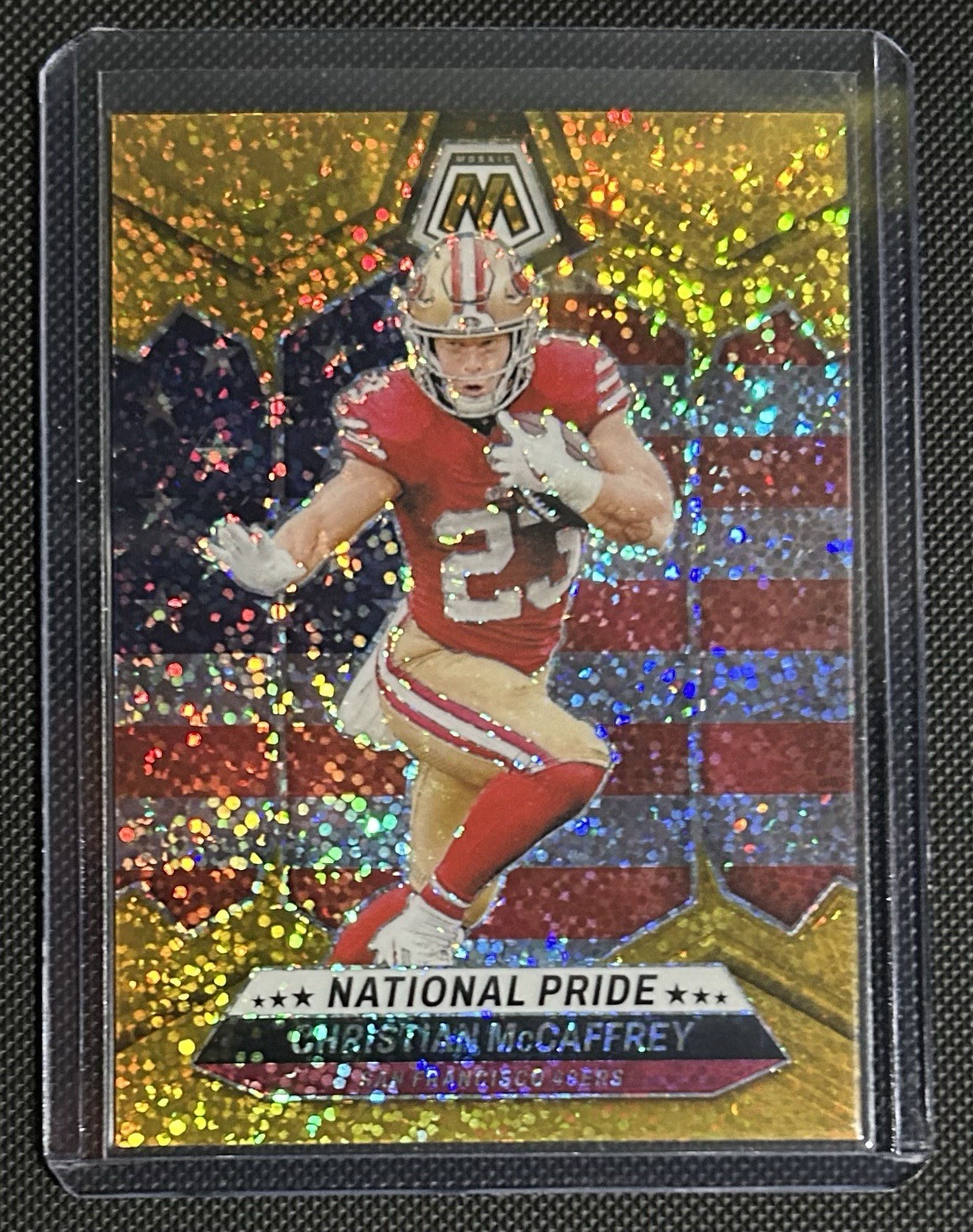 2024 Panini Mosaic National Pride Christian McCaffrey #256 Gold Sparkle SSP 4/24