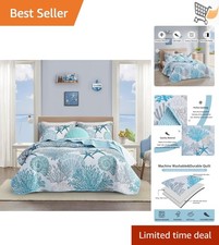 Coastal Microfiber Quilt Set Full/Queen Reversible Beach Bedding with 2 Shams