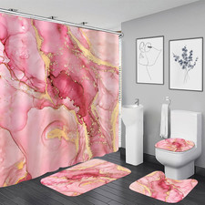 4Pcs Pink Marble Shower Curtain Set Gold Bathroom Sets with Rugs  Hot Pink Abst